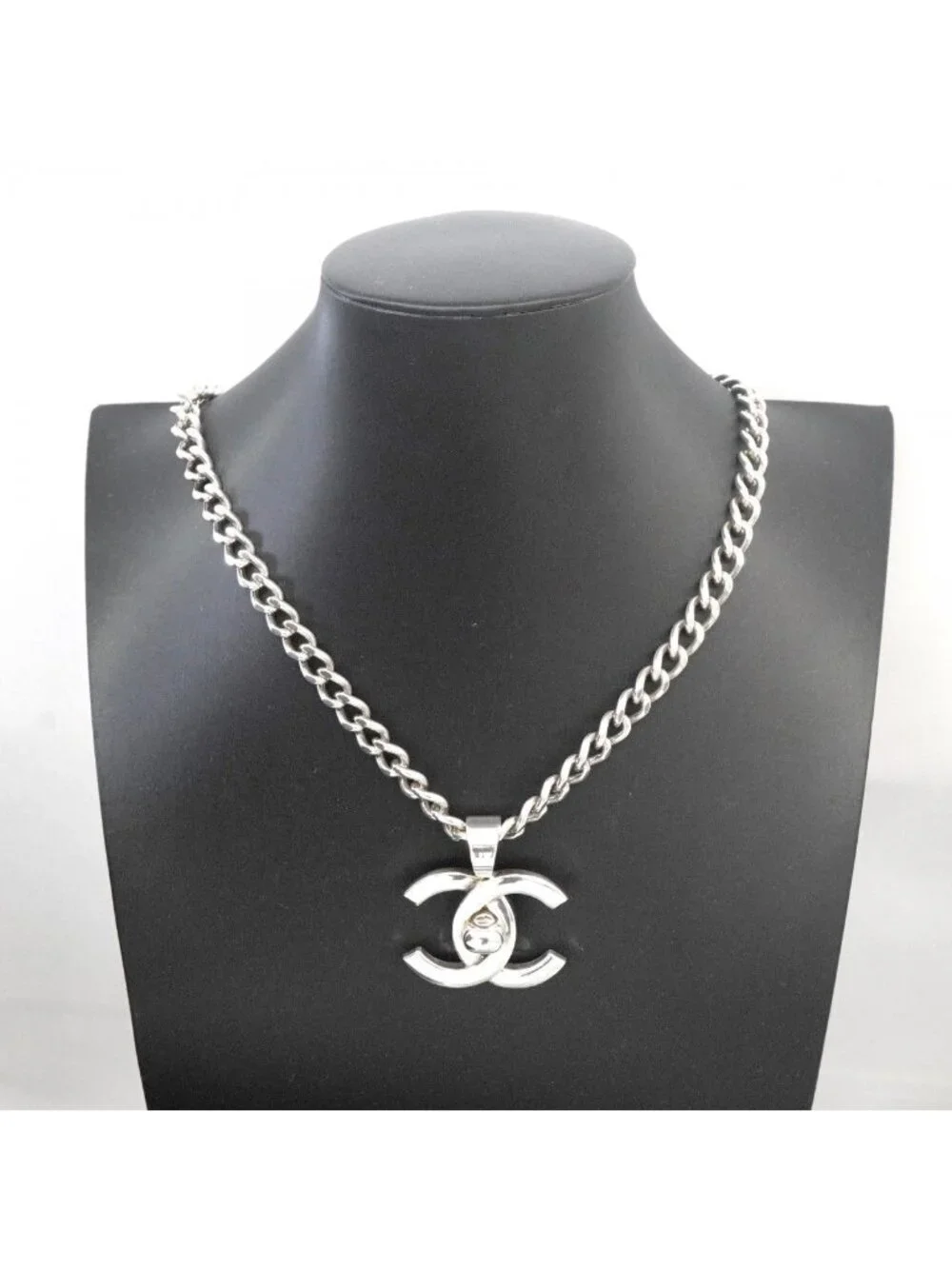 Chanel Necklace Vintage CC Logo Turnlock Metal Silver